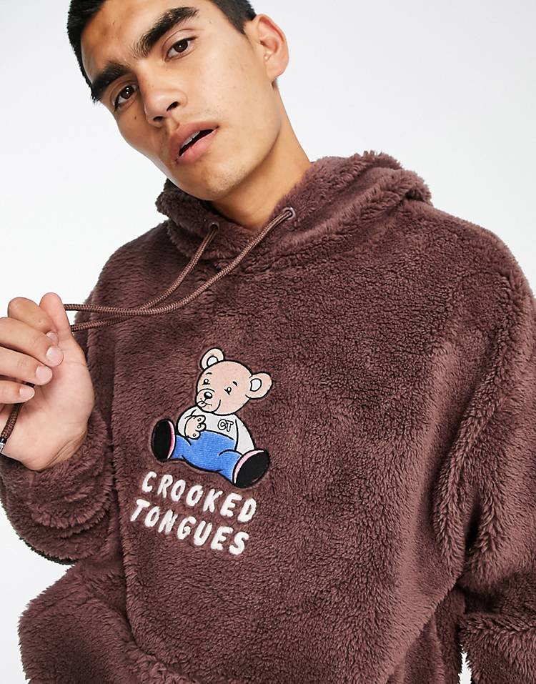 Crooked Tongues oversized hoodie in teddy borg with bear applique in brown